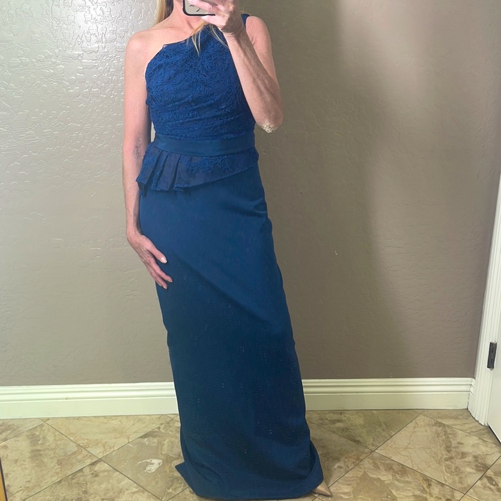 Marchesa Notte One Shoulder Lace Gown Dress Navy Size 0
